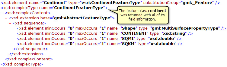 Continent-Feature-Class und die zugehörigen Feldinformationen, die von der gefilterten DescribeFeatureType-Operation zurückgegeben werden Continent-Feature-Class und die zugehörigen Feldinformationen, die von der gefilterten DescribeFeatureType-Operation zurückgegeben werden